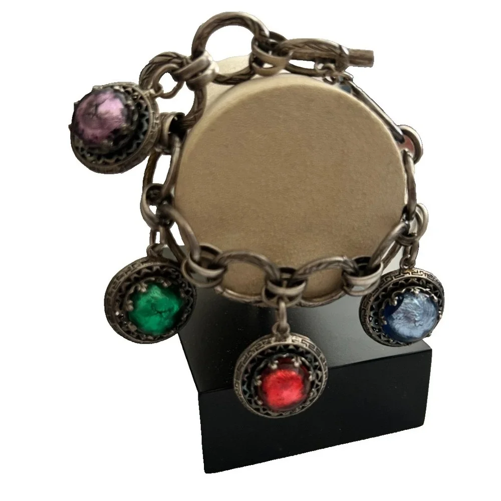 Vintage 70s Made in France Silver Charm Bracelet Art Glass Foil Cabochon Toggle